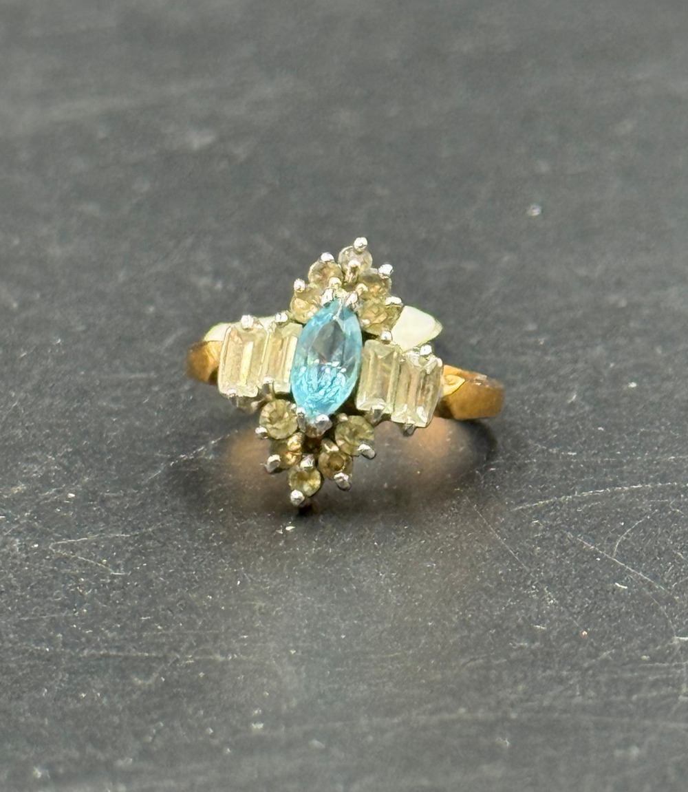 Vintage Blue Topaz Gemstone Cluster Ring Marquise Center Stone Gold Tone